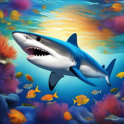 A high-quality digital art piece depicting a unique shark with the skin of a tiger