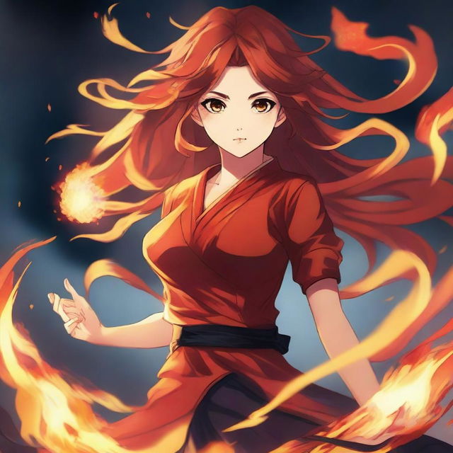 A high-quality digital art piece in the style of anime, featuring an extraordinarily beautiful girl wielding the power of fire