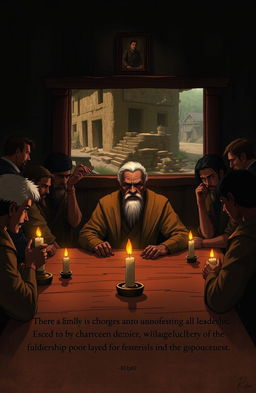 A dramatic scene depicting the leadership struggles of Elder Taharuki in a village council setting