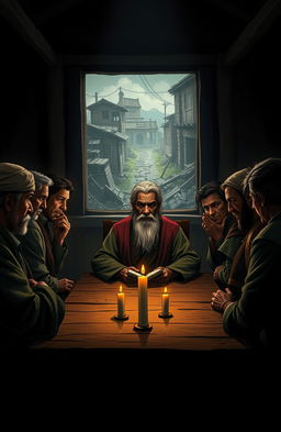 A dramatic scene depicting the leadership struggles of Elder Taharuki in a village council setting