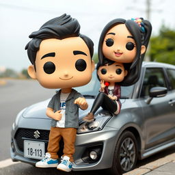 A Funko Pop style representation of a 20-year-old male character with short black hair standing next to an Asian female character sitting on the hood of a gray Suzuki Swift MT car parked on the roadside