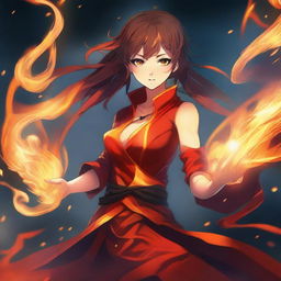 A high-quality digital art piece in the style of anime, featuring an extraordinarily beautiful girl wielding the power of fire