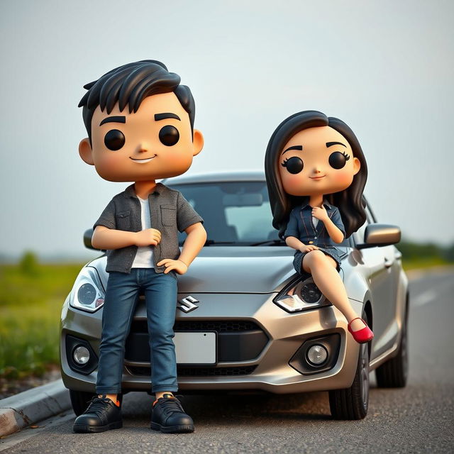 A Funko Pop style representation of a 20-year-old male character with short black hair standing next to an Asian female character sitting on the hood of a gray Suzuki Swift MT car parked on the roadside