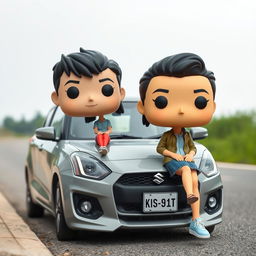 A Funko Pop style representation of a 20-year-old male character with short black hair standing next to an Asian female character sitting on the hood of a gray Suzuki Swift MT car parked on the roadside