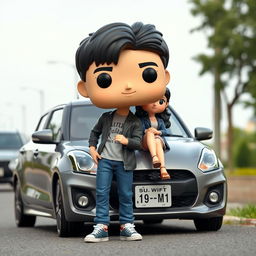 A Funko Pop style representation of a 20-year-old male character with short black hair standing next to an Asian female character sitting on the hood of a gray Suzuki Swift MT car parked on the roadside