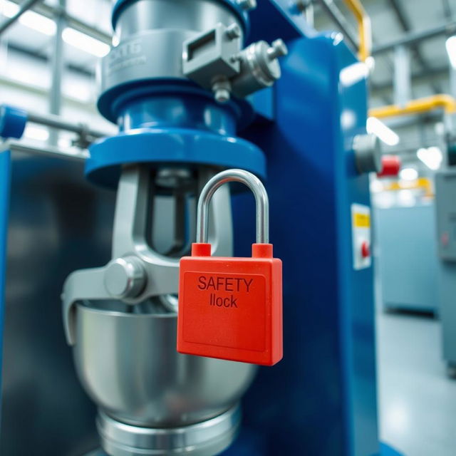 A close-up photograph of a mixer used in a chemical manufacturing facility, featuring a prominently displayed safety lock ensuring it is secured in place
