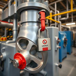 A close-up photograph of a mixer used in a chemical manufacturing facility, featuring a prominently displayed safety lock ensuring it is secured in place