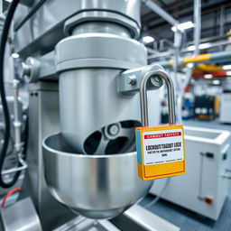 A close-up photograph of a mixer used in a chemical manufacturing facility, featuring a prominently displayed safety lock ensuring it is secured in place