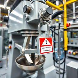 A close-up photograph of a mixer used in a chemical manufacturing facility, featuring a prominently displayed safety lock ensuring it is secured in place
