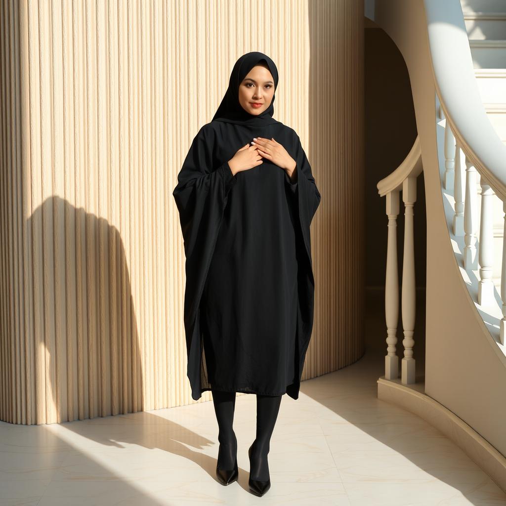 A woman wearing a traditional black chador that elegantly covers her head and body