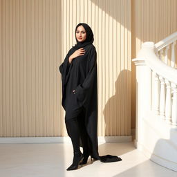 A woman wearing a traditional black chador that elegantly covers her head and body