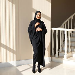 A woman wearing a traditional black chador that elegantly covers her head and body