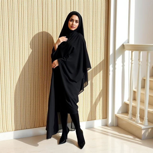 A woman wearing a traditional black chador that elegantly covers her head and body