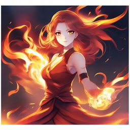 A high-quality digital art piece in the style of anime, featuring an extraordinarily beautiful girl wielding the power of fire