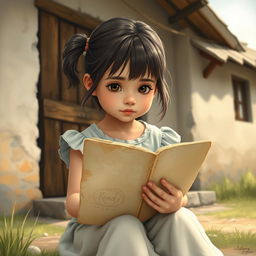 A small girl, around 7 years old, sitting in front of a simple house, holding a worn-out drawing book