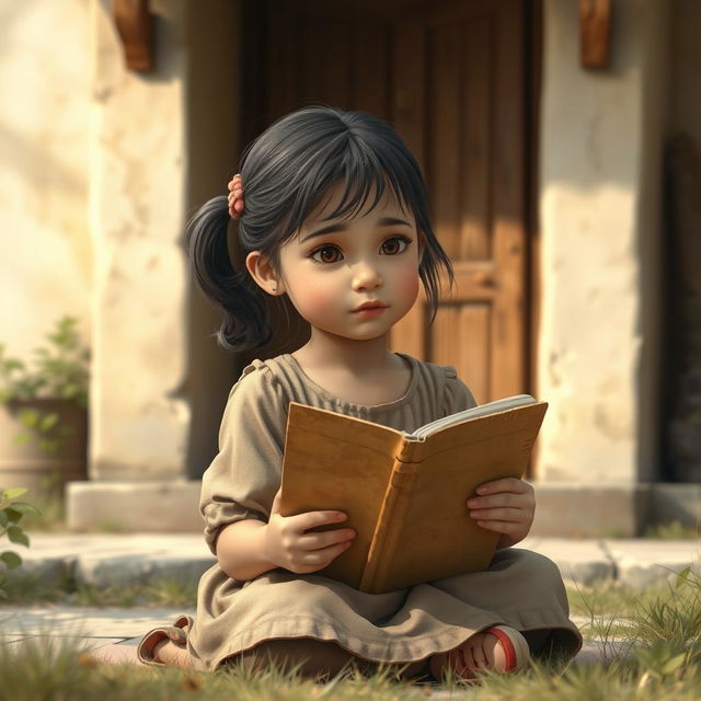 A small girl, around 7 years old, sitting in front of a simple house, holding a worn-out drawing book