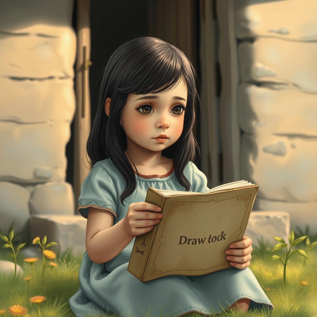 A small girl, around 7 years old, sitting in front of a simple house, holding a worn-out drawing book