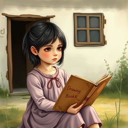 A small girl, around 7 years old, sitting in front of a simple house, holding a worn-out drawing book