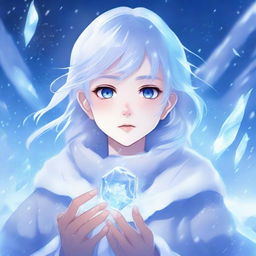 A high-quality digital art piece in the style of anime, featuring an extraordinarily beautiful girl wielding the power of ice