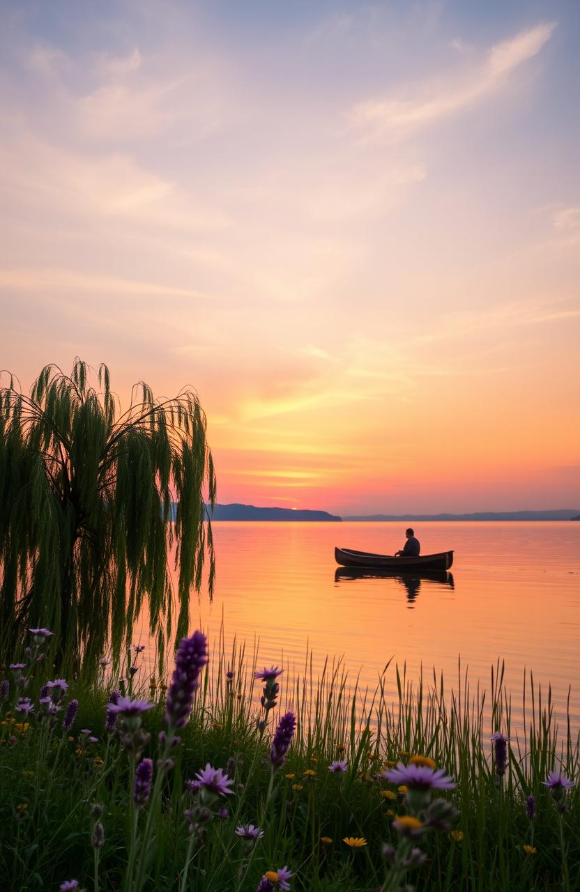 A beautiful sunset over a tranquil lake, with vibrant orange and pink hues reflecting on the water's surface