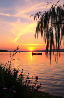 A beautiful sunset over a tranquil lake, with vibrant orange and pink hues reflecting on the water's surface