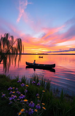 A beautiful sunset over a tranquil lake, with vibrant orange and pink hues reflecting on the water's surface