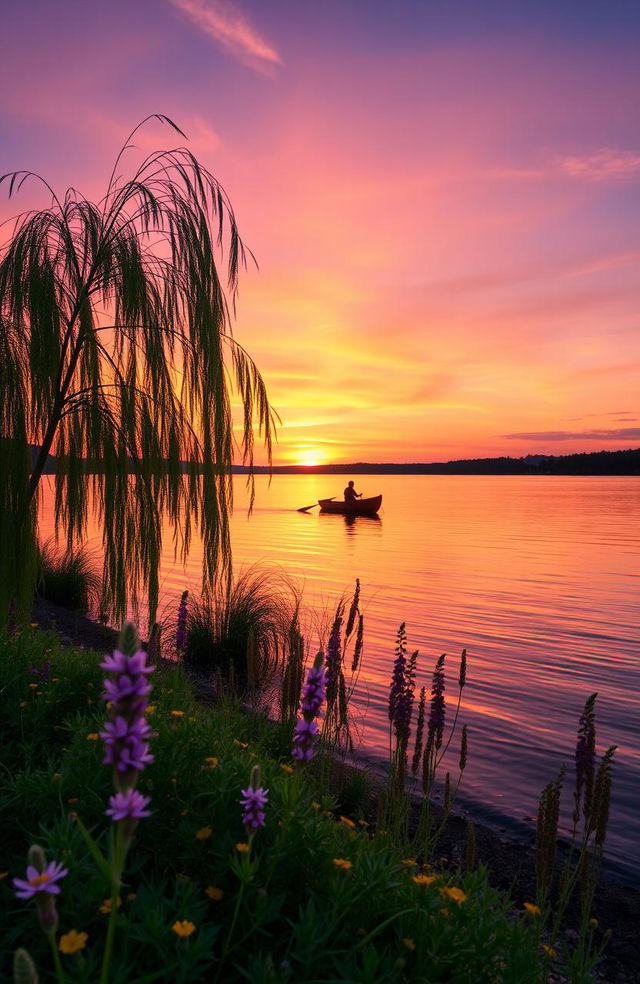 A beautiful sunset over a tranquil lake, with vibrant orange and pink hues reflecting on the water's surface