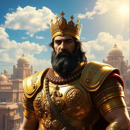 A stunning artistic portrayal of Cyrus, the ancient Persian king, in traditional royal attire