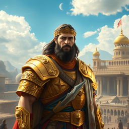 A stunning artistic portrayal of Cyrus, the ancient Persian king, in traditional royal attire