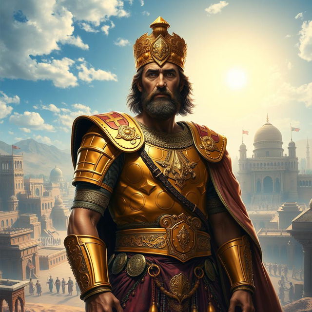 A stunning artistic portrayal of Cyrus, the ancient Persian king, in traditional royal attire