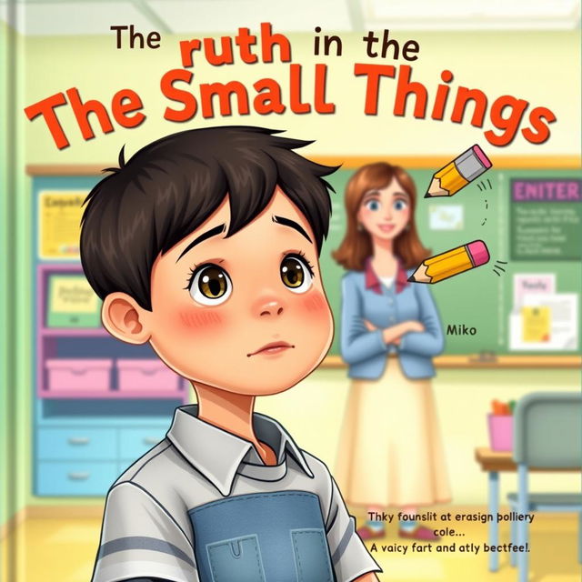 A colorful and captivating storybook cover depicting a young boy named Miko, with a thoughtful expression as he stands in front of a classroom