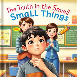 A colorful and captivating storybook cover depicting a young boy named Miko, with a thoughtful expression as he stands in front of a classroom