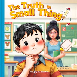 A colorful and captivating storybook cover depicting a young boy named Miko, with a thoughtful expression as he stands in front of a classroom
