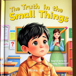 A colorful and captivating storybook cover depicting a young boy named Miko, with a thoughtful expression as he stands in front of a classroom