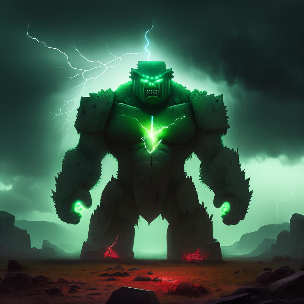 An imposing, large green stone golem with glowing red eyes, sharp, jagged features, standing amidst a lightning storm in a desolate landscape.