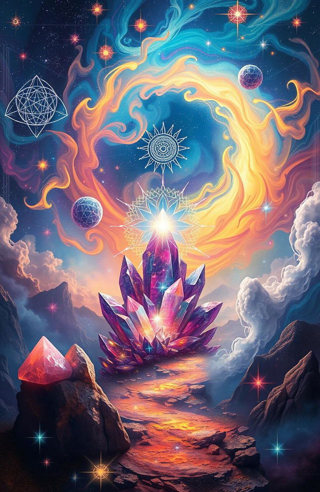 A visually stunning representation of metaphysical spirituality intertwined with quantum physics, depicting an ethereal landscape where ancient wisdom meets modern science