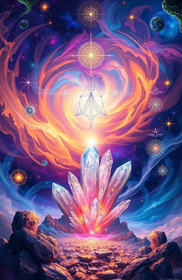 A visually stunning representation of metaphysical spirituality intertwined with quantum physics, depicting an ethereal landscape where ancient wisdom meets modern science