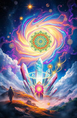 A visually stunning representation of metaphysical spirituality intertwined with quantum physics, depicting an ethereal landscape where ancient wisdom meets modern science