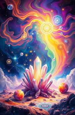 A visually stunning representation of metaphysical spirituality intertwined with quantum physics, depicting an ethereal landscape where ancient wisdom meets modern science