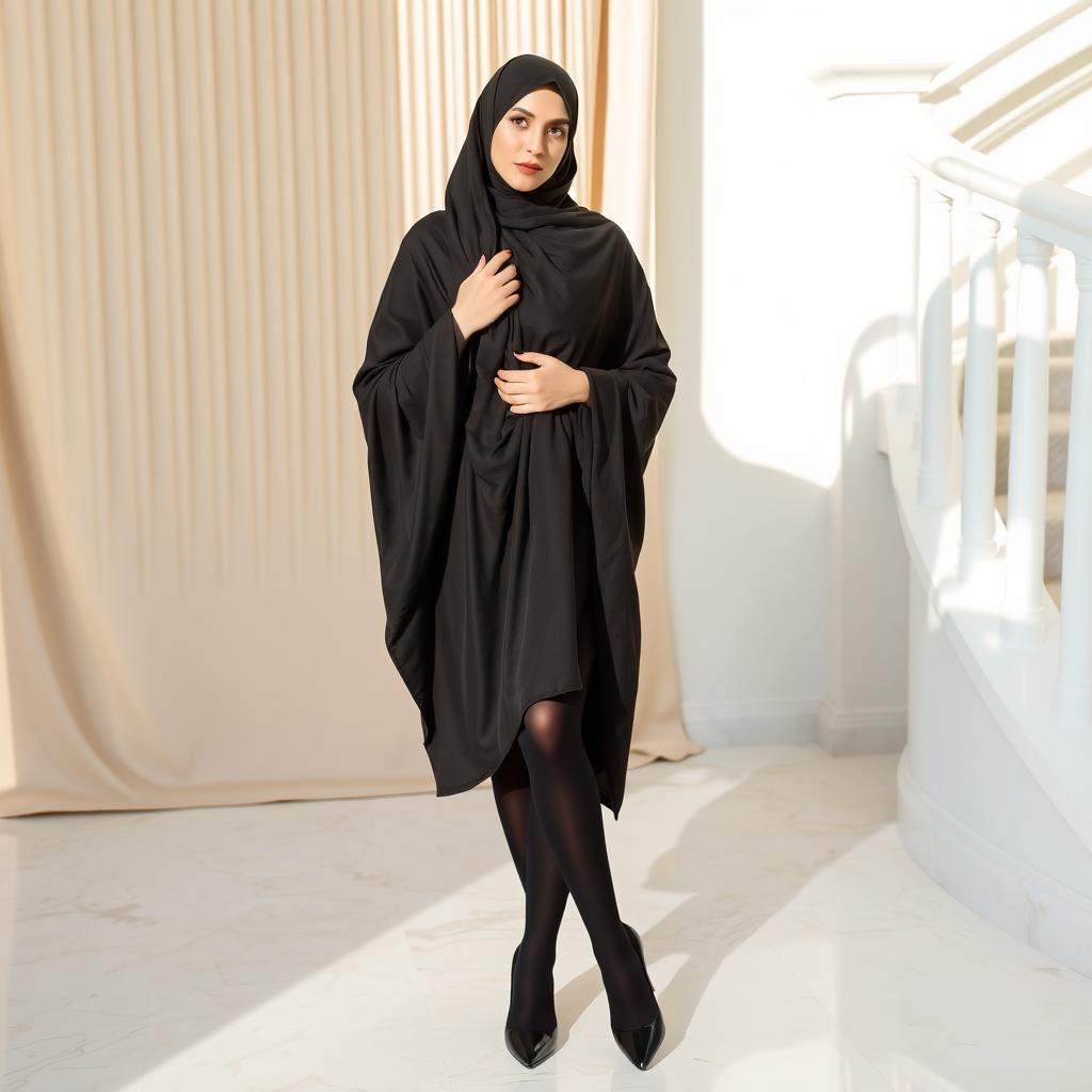 A woman wearing an Arabic black chador that elegantly covers her head and body, complemented by black tights and stylish black high heels