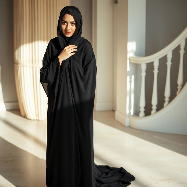 A woman wearing an Arabic black chador that elegantly covers her head and body, complemented by black tights and stylish black high heels