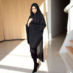A woman wearing an Arabic black chador that elegantly covers her head and body, complemented by black tights and stylish black high heels