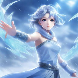 A high-quality digital art piece in the style of anime, portraying an extraordinarily beautiful girl with the power of ice, poised for battle