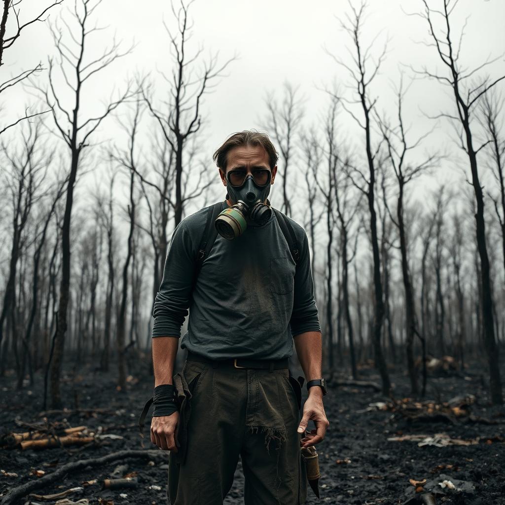 A desolate and haunting scene featuring a sad man wearing a gas mask, standing in a lifeless forest