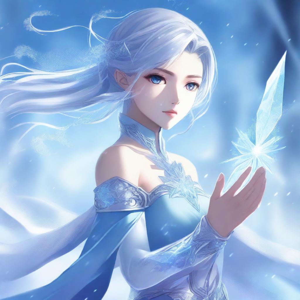 A high-quality digital art piece in the style of anime, portraying an extraordinarily beautiful girl with the power of ice, poised for battle