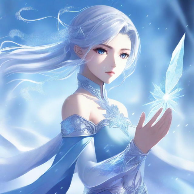 A high-quality digital art piece in the style of anime, portraying an extraordinarily beautiful girl with the power of ice, poised for battle