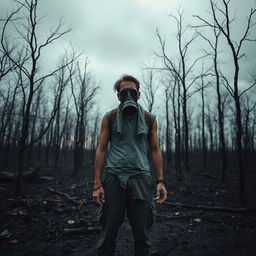 A desolate and haunting scene featuring a sad man wearing a gas mask, standing in a lifeless forest