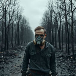 A desolate and haunting scene featuring a sad man wearing a gas mask, standing in a lifeless forest