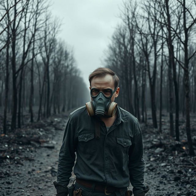 A desolate and haunting scene featuring a sad man wearing a gas mask, standing in a lifeless forest