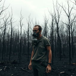 A desolate and haunting scene featuring a sad man wearing a gas mask, standing in a lifeless forest